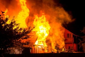House fire damage at night